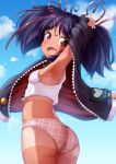  1girl :d azur_lane bangs black_jacket blue_sky blush breasts cloud cloudy_sky commentary_request crop_top day eyebrows_visible_through_hair fang hair_between_eyes hair_ornament hair_ribbon hairclip hazelwood_(azur_lane) head_tilt highres jacket long_sleeves mochiyuki open_clothes open_jacket open_mouth outdoors panties plaid plaid_panties purple_hair red_eyes red_ribbon ribbon sky sleeves_past_wrists small_breasts smile solo tan tank_top tanline twintails underwear white_tank_top 