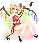  ascot blonde_hair boushi_(nandemo) flandre_scarlet hat hat_ribbon laevatein looking_at_viewer mary_janes mob_cap red_eyes ribbon shirt shoes side_ponytail skirt skirt_set smile solo touhou upskirt vest wings 
