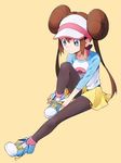  :&gt; black_legwear blue_eyes brown_hair double_bun dressing full_body kurochiroko long_hair mei_(pokemon) pantyhose pokemon pokemon_(game) pokemon_bw2 raglan_sleeves shoes shorts solo twintails tying_shoes visor_cap 