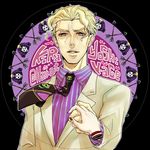  arrow blonde_hair blue_eyes cheekbones formal haar_ait highres jojo_no_kimyou_na_bouken kira_yoshikage male_focus necktie sheer_heart_attack solo suit 