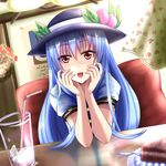  bad_id bad_pixiv_id blue_hair blush cake chin_rest curtains cushion elbow_rest flower food fruit hands_on_own_cheeks hands_on_own_face hat highres hinanawi_tenshi indoors long_hair looking_at_viewer peach pov_across_table pov_dating red_eyes reflection short_sleeves sitting smile solo table touhou wendell wooden_wall 