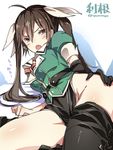 brown_eyes brown_hair character_name elbow_gloves frown gloves gloves_removed hair_ribbon highres hips kantai_collection long_hair looking_at_viewer no_panties open_mouth pelvic_curtain remodel_(kantai_collection) ribbon single_glove solo super_zombie thighhighs thighs tone_(kantai_collection) translated twintails twitter_username white_ribbon 