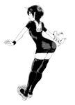  ass banned_artist black_legwear dress greyscale highres houjuu_nue monochrome okoge_senbei pointy_ears short_hair simple_background smile solo thighhighs touhou white_background zettai_ryouiki 