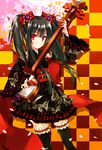  :| animal_print belt black_hair buckle butterfly_print checkered checkered_background cherry_blossoms closed_mouth cowboy_shot frills hair_ribbon instrument leg_garter long_hair looking_at_viewer music original playing_instrument red_eyes ribbon sash shamisen simple_background solo thighhighs twintails v-shaped_eyebrows yuuheisyoujyo zettai_ryouiki 