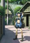  alternate_costume arm_up backpack bag belt bike_shorts bike_shorts_under_shorts black_gloves blue_eyes blue_hair boots bra building gloves hair_bobbles hair_ornament hat house jacket kawashiro_nitori kurione_(zassou) looking_at_viewer midriff navel open_mouth short_hair short_sleeves shorts sign smile solo stairs touhou tree twintails underwear 