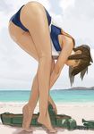  ass barefoot bent_over brown_eyes brown_hair commentary day feet full_body i-401_(kantai_collection) kantai_collection kneepits legs long_legs looking_at_viewer ocean short_hair solo standing swimsuit tiptoes toro_(konirio) wading water 