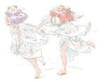  bell blush flower hair_bell hair_flower hair_ornament hieda_no_akyuu mitsumoto_jouji motoori_kosuzu multiple_girls open_mouth purple_hair red_eyes red_hair short_hair simple_background sketch smile touhou twintails underwear white_background 