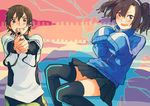  absurdres aiming aiming_at_viewer akabino black_hair blush cosplay ene_(kagerou_project) ene_(kagerou_project)_(cosplay) enomoto_takane gun headphones highres kagerou_project kokonose_haruka konoha_(kagerou_project) konoha_(kagerou_project)_(cosplay) long_hair oversized_clothes short_hair sleeves_past_fingers sleeves_past_wrists twintails weapon 