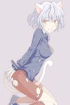  animal_ears bdsm between_legs blush bondage bound breasts cat_ears cat_tail claws clenched_teeth hunter_x_hunter kneeling long_sleeves medium_breasts neferpitou nu_(plastic_eraser) shoes short_hair shorts silver_hair solo tail tail_between_legs teeth torn_clothes yellow_eyes 