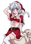  :3 animal_ears bad_id bad_pixiv_id belt blush breasts buckle capelet cat_ears cat_tail christmas cleavage gloves hat hunter_x_hunter large_breasts midriff mmo_(princepoo) navel neferpitou red_eyes sack santa_hat short_hair silver_hair sitting skirt solo tail thighhighs underboob white_background white_gloves white_legwear 