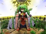  ascot black_legwear bloodycat flower green_hair grin holding kazami_yuuka looking_at_viewer mary_janes outdoors pantyhose plaid plaid_skirt plaid_vest plant red_eyes shirt shoes short_hair sitting skirt sky smile solo sunflower throne touhou umbrella vest vines wind 