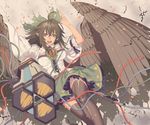  aiming_at_viewer alternate_weapon arm_cannon bird_wings black_legwear black_wings bow brown_eyes brown_hair cable cape fang hair_bow looking_at_viewer ogino_(oginogino) open_mouth puffy_short_sleeves puffy_sleeves radiation_symbol reiuji_utsuho shirt short_sleeves skirt smile solo thighhighs third_eye touhou weapon wings zettai_ryouiki 