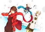  2boys absurdres blue_hair brown_hair bubble ene_(kagerou_project) headphones highres kagerou_project kisaragi_shintarou konoha_(kagerou_project) long_hair multiple_boys pachi_(sugiyama0306) red_eyes road_sign scarf short_hair short_ponytail sign twintails white_hair 