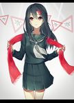  black_hair black_serafuku daluto_(hitomi555) fringe_trim hair_ornament hairclip kagerou_project long_hair red_eyes red_scarf road_sign scarf school_uniform serafuku sign solo tateyama_ayano 