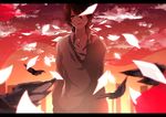  bird black_eyes black_hair crow glowing glowing_eye heterochromia highres kagerou_project kokonose_haruka male_focus mikanururu mole mole_under_eye paper red_eyes red_sky school_uniform sky solo 