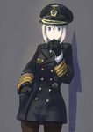  :&lt; adapted_uniform against_wall black_legwear blonde_hair coat cowboy_shot double-breasted erica_(naze1940) female_admiral_(kantai_collection) germany gloves hand_in_pocket hand_on_own_chin hat highres iron_cross kantai_collection kriegsmarine medal military military_hat military_uniform naval_uniform necktie pantyhose peaked_cap purple_eyes reichsadler shadow short_hair simple_background solo uniform visor_cap world_war_ii 