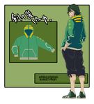  71 adidas cargo_shorts casual fashion green_hair hands_in_pockets hood hoodie kill_la_kill male_focus product_placement sanageyama_uzu shoes shorts sneakers solo translation_request 