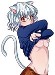  animal_ears blush breasts cat_ears cat_tail hunter_x_hunter long_sleeves medium_breasts mmo_(princepoo) navel neferpitou red_eyes shirt_lift short_hair silver_hair simple_background solo tail underboob undressing white_background 