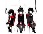  2boys black_hair black_serafuku closed_eyes dark_konoha flower hair_ornament hairclip headphones kagerou_project kisaragi_shintarou konoha_(kagerou_project) long_hair multiple_boys noose ranong red_scarf rope scarf school_uniform scissors serafuku short_hair short_ponytail tateyama_ayano 