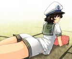  ass bad_id bad_twitter_id black_hair blue_eyes cushion from_behind hat looking_at_viewer looking_back lying murasa_minamitsu on_stomach pants puffy_sleeves sailor_hat shirt short_hair short_sleeves simple_background solo touhou urin vest 