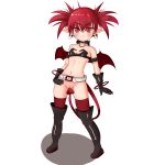  2018 5_fingers absurd_res armwear belt blush boots buckle clothed clothing collar convenient_censorship demon disgaea ear_piercing etna female fingers flat_chested footwear full_body gloves hair hi_res humanoid legwear looking_at_viewer mammal membranous_wings navel no_underwear not_furry partially_clothed piercing pointy_ears red_eyes red_hair short_hair simple_background skindentation skull_earrings smile solo spade_tail standing stockings thigh_highs ungatox3 video_games white_background wings 