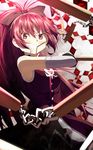  4b-enpitsu bare_shoulders bow detached_sleeves food hair_bow long_hair looking_at_viewer magical_girl mahou_shoujo_madoka_magica mouth_hold pocky polearm ponytail red_eyes red_hair sakura_kyouko smile solo spear weapon 
