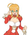  ahoge bespectacled blonde_hair breasts dress epaulettes fate/extra fate_(series) glasses green_eyes large_breasts nero_claudius_(fate) nero_claudius_(fate)_(all) red_dress solo yuksi 