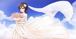  bare_shoulders black_hair bleach blush bouquet bridal_veil bride brown_eyes choker dress elbow_gloves flower gloves hair_flower hair_ornament half-closed_eyes happy highres kuchiki_rukia petals rose short_hair smile solo strapless strapless_dress sunimu veil wedding_dress 