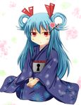  absurdres alternate_costume beatmania beatmania_iidx bemani blue_hair blush flower furisuku_(gerbera) hair_flower hair_ornament hair_rings highres japanese_clothes jubeat kimono long_hair looking_at_viewer maud open_mouth red_eyes sitting solo twintails 