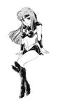  arm_guards armor bangs bikini_armor boots eyebrows_visible_through_hair greyscale headband highres knee_boots long_hair looking_at_viewer midriff miniskirt monochrome mugen_senshi_valis pauldrons reiko_kirishima simple_background skirt smile valis white_background 