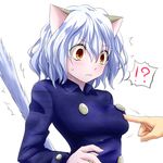  1girl animal_ears blush breasts cat_ears cat_tail commentary_request curly_hair double-breasted fine_fabric_emphasis hunter_x_hunter long_hair medium_breasts neferpitou orange_eyes poking silver_hair tail unmoving_pattern watarui 