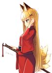  adjusting_hair animal_ears blonde_hair dated fox_ears fox_tail hand_on_hilt katana long_hair multiple_tails nosuku original sheath sheathed smile solo sword tail weapon 