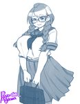  1girl agawa_ryou bag blush braid breasts glasses huge_breasts jyazue_kirihara monochrome plump school_bag school_uniform schoolgirl serafuku solo twin_braids 