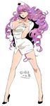  big_hair breasts cleavage curly_hair fang full_body hands_on_own_chest hat high_heels highres kinako_(marubotan) large_breasts long_hair looking_at_viewer nurse nurse_cap open_mouth purple_eyes purple_hair ran_to_haiiro_no_sekai ringlets sketch snake_tail solo standing tail translation_request velvet_(haiiro) white_background 