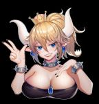  1girl bare_shoulders black_collar black_dress black_nails blonde_hair blue_earrings blue_eyes bowsette bracelet breasts cleavage collar crown dress earrings gem horns jewelry large_breasts long_hair looking_at_viewer mario_(series) nail_polish new_super_mario_bros._u_deluxe nintendo pointy_ears ponytail sharp_teeth smile solo spiked_armlet spiked_bracelet spiked_collar spiked_shell spikes strapless strapless_dress super_crown teeth turtle_shell upper_body 