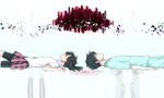  2girls black_hair closed_eyes different_reflection dual_persona ene_(kagerou_project) enomoto_takane highres hospital_gown kagerou_project kokonose_haruka komai_(reed_arrow) konoha_(kagerou_project) long_hair lying mole mole_under_eye multiple_boys multiple_girls red_string reflection school_uniform short_hair shorts shorts_under_skirt spoilers string 