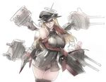  bismarck_(kantai_collection) blonde_hair blush breasts detached_sleeves downscaled gloves grey_legwear hat jpeg_artifacts kantai_collection large_breasts long_hair looking_at_viewer md5_mismatch military military_hat military_uniform nishieda no_pants panties peaked_cap red_gloves resized solo swastika thighhighs underwear uniform 