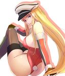  animal_ears ass bare_shoulders bismarck_(kantai_collection) black_legwear blonde_hair breasts bunny_ears bunny_girl bunny_tail bunnysuit dearmybrothers detached_collar detached_sleeves gloves hat highres kantai_collection large_breasts legs leotard long_hair looking_at_viewer looking_back military_hat red_leotard simple_background smile solo tail thighhighs thighs white_background 