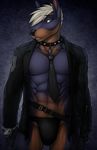  abs alain anthro baton belt black_fur black_nipples black_nose brown_fur bulge canine clothing collar cuffs doberman dog dog_tags fur grey_eyes grey_hair hair handcuffs jockstrap male mammal muscles necktie nipple_piercing nipples open_shirt pecs piercing police police_baton pose riptideshark shackles shirt solo standing strype teeth toned tonfa underwear weapon 