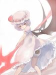  animal_print bat_wings bloomers expressionless hat hat_ribbon lavender_hair looking_at_viewer looking_back masuchi mob_cap print_bloomers puffy_short_sleeves puffy_sleeves red_eyes remilia_scarlet ribbon short_hair short_sleeves simple_background solo spear_the_gungnir touhou underwear white_background wings 