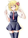  black_legwear blonde_hair bow food hair_bow kirino_souya necktie one_eye_closed popsicle red_eyes red_neckwear rumia solo thighhighs tongue tongue_out touhou 
