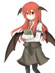  bad_id bad_pixiv_id bat_wings book book_hug head_wings highres hinami047 holding holding_book koakuma long_hair looking_at_viewer low_wings necktie red_eyes red_hair red_neckwear simple_background skirt skirt_set smile solo touhou white_background wings 