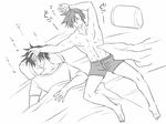  armpits arms_up barefoot boxers collarbone drooling eroe greyscale hand_on_another's_head hasumi_souji_(eroe) igarashi_kyou_(eroe) male_focus male_underwear monochrome multiple_boys navel original pillow shirt sleeping sweatdrop translated under_covers underwear underwear_only 