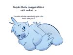  2019 anthro avian beak big_breasts bird blue_fur blush breasts dialogue digital_media_(artwork) feathers female fur ikkykrrk lying meme nude on_side open_mouth simple_background solo text thick_thighs tweetfur twitter white_background 