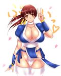  1girl amber_eyes breasts brown_eyes brown_hair choker cleavage dead_or_alive female huge_breasts kasumi_(doa) large_breasts legwear ninja panties ponytail red_hair smile solo thighhighs toya_(yuyasilust) underwear v white_legwear white_panties yellow_eyes 