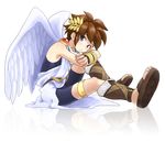  1boy angel_wings bike_shorts blue_eyes boots brown_hair inuzumi kid_icarus knee_boots looking_at_viewer male male_focus nintendo pit_(kid_icarus) shota solo white_background wings wreath 