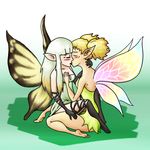  airy blonde_hair blush bravely_default breast_grab breasts cleavage clothed clothing crossover dragon&#039;s_crown dragon's_crown duo fairy female gloves hair kissing lesbian tiki tiki_(dragon's_crown) unknown_artist wings 