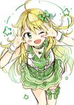  blonde_hair check_my_note choker costume green_eyes hoshii_miki idolmaster idolmaster_(classic) idolmaster_one_for_all long_hair miyabi_akino one_eye_closed ribbon smile solo 