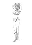  1girl arms_up boots breasts character_request cleavage cleavage_cutout commentary darren_geers dirty_pair facial_mark full_body gloves highres knee_boots midriff monochrome navel short_hair short_shorts shorts solo 