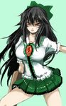  arm_cannon black_hair blush bow breasts collarbone cowboy_shot frilled_shirt frills ginji_(sakaki_summer) green_background green_skirt hair_bow large_breasts long_hair looking_at_viewer miniskirt no_wings open_mouth outstretched_arm red_eyes reiuji_utsuho shirt short_sleeves simple_background skirt solo thighs touhou weapon white_shirt wings 